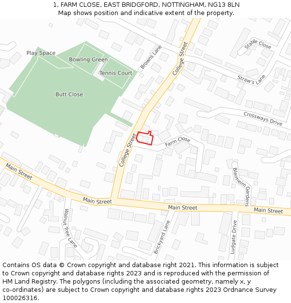 1, FARM CLOSE, EAST BRIDGFORD, NOTTINGHAM, NG13 8LN: Location map and indicative extent of plot