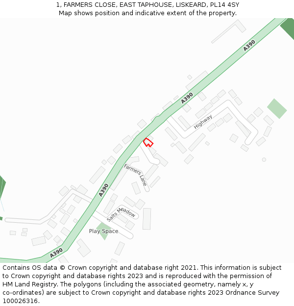 1, FARMERS CLOSE, EAST TAPHOUSE, LISKEARD, PL14 4SY: Location map and indicative extent of plot