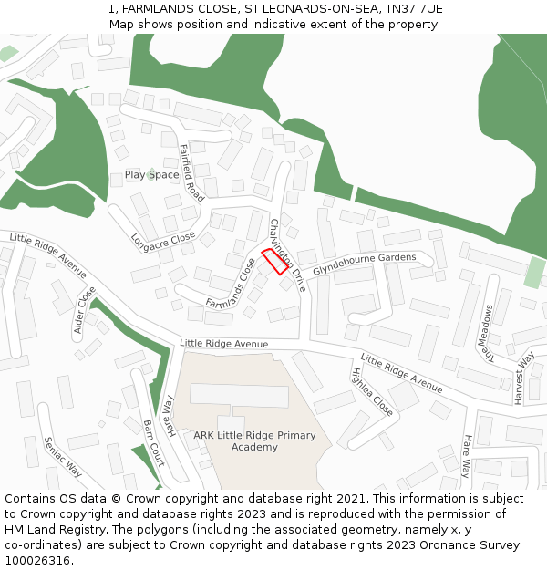 1, FARMLANDS CLOSE, ST LEONARDS-ON-SEA, TN37 7UE: Location map and indicative extent of plot