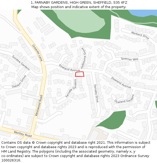 1, FARNABY GARDENS, HIGH GREEN, SHEFFIELD, S35 4FZ: Location map and indicative extent of plot