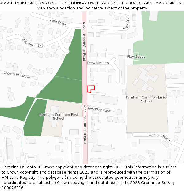 1, FARNHAM COMMON HOUSE BUNGALOW, BEACONSFIELD ROAD, FARNHAM COMMON, SLOUGH, SL2 3HU: Location map and indicative extent of plot