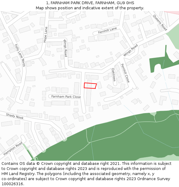 1, FARNHAM PARK DRIVE, FARNHAM, GU9 0HS: Location map and indicative extent of plot
