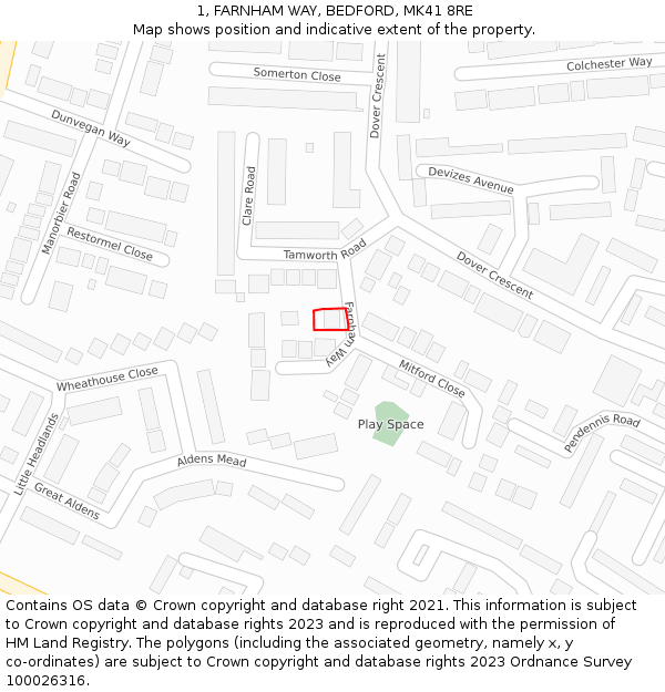 1, FARNHAM WAY, BEDFORD, MK41 8RE: Location map and indicative extent of plot