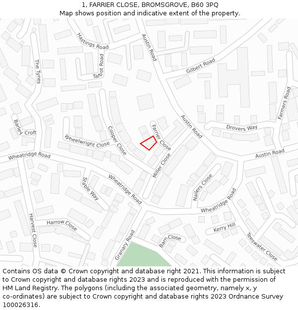 1, FARRIER CLOSE, BROMSGROVE, B60 3PQ: Location map and indicative extent of plot