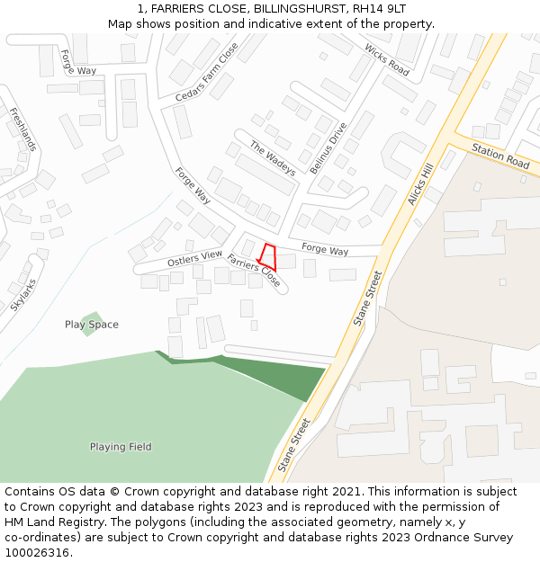 1, FARRIERS CLOSE, BILLINGSHURST, RH14 9LT: Location map and indicative extent of plot