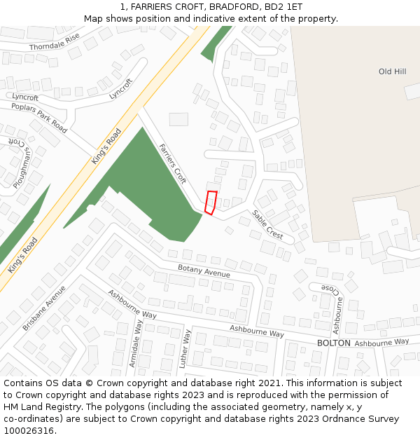 1, FARRIERS CROFT, BRADFORD, BD2 1ET: Location map and indicative extent of plot