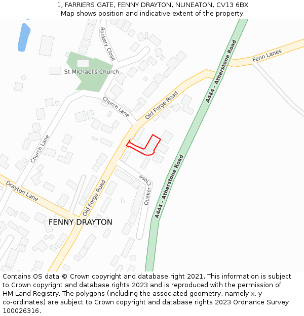 1, FARRIERS GATE, FENNY DRAYTON, NUNEATON, CV13 6BX: Location map and indicative extent of plot