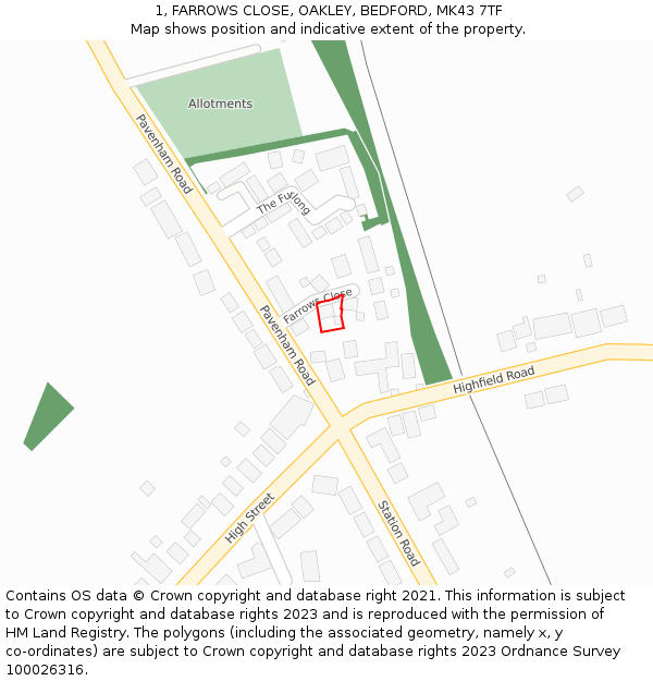 1, FARROWS CLOSE, OAKLEY, BEDFORD, MK43 7TF: Location map and indicative extent of plot