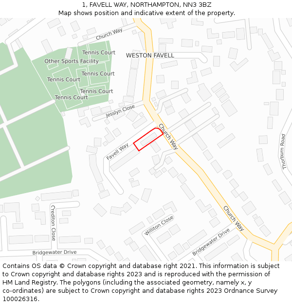 1, FAVELL WAY, NORTHAMPTON, NN3 3BZ: Location map and indicative extent of plot