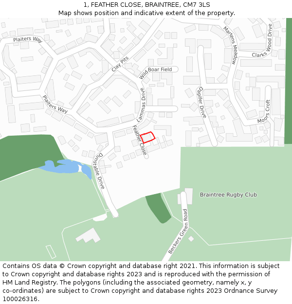 1, FEATHER CLOSE, BRAINTREE, CM7 3LS: Location map and indicative extent of plot