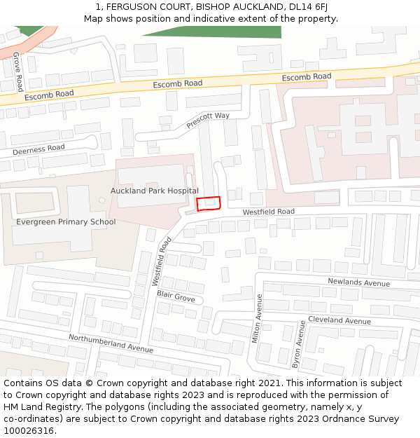 1, FERGUSON COURT, BISHOP AUCKLAND, DL14 6FJ: Location map and indicative extent of plot
