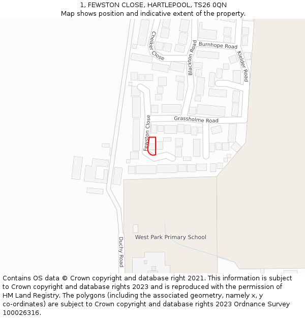 1, FEWSTON CLOSE, HARTLEPOOL, TS26 0QN: Location map and indicative extent of plot