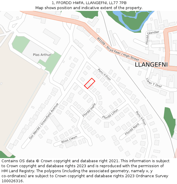 1, FFORDD HWFA, LLANGEFNI, LL77 7PB: Location map and indicative extent of plot