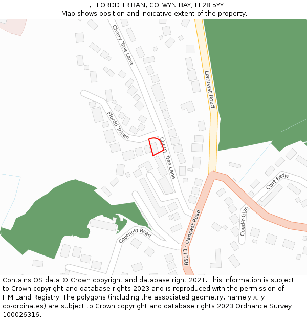 1, FFORDD TRIBAN, COLWYN BAY, LL28 5YY: Location map and indicative extent of plot