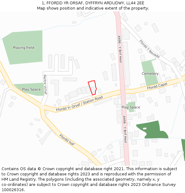 1, FFORDD YR ORSAF, DYFFRYN ARDUDWY, LL44 2EE: Location map and indicative extent of plot