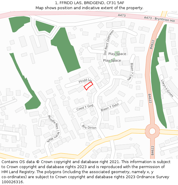 1, FFRIDD LAS, BRIDGEND, CF31 5AF: Location map and indicative extent of plot