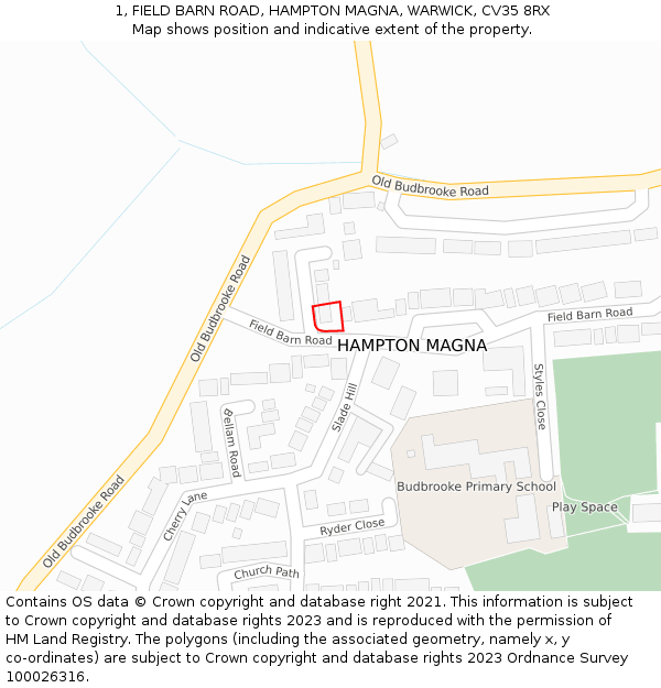 1, FIELD BARN ROAD, HAMPTON MAGNA, WARWICK, CV35 8RX: Location map and indicative extent of plot