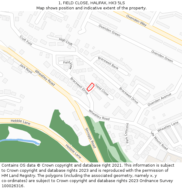 1, FIELD CLOSE, HALIFAX, HX3 5LS: Location map and indicative extent of plot