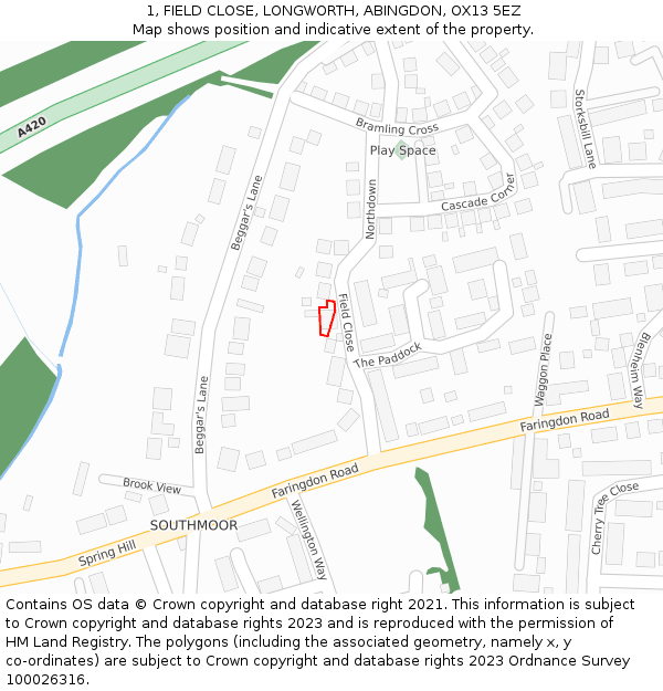 1, FIELD CLOSE, LONGWORTH, ABINGDON, OX13 5EZ: Location map and indicative extent of plot