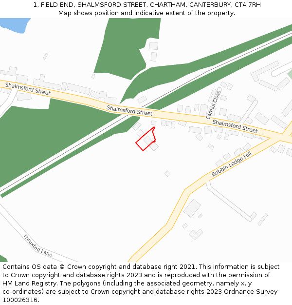 1, FIELD END, SHALMSFORD STREET, CHARTHAM, CANTERBURY, CT4 7RH: Location map and indicative extent of plot