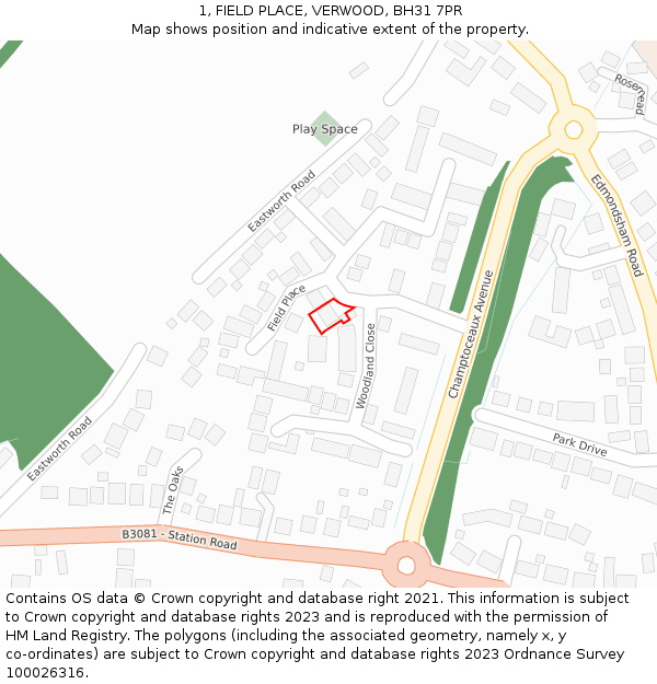 1, FIELD PLACE, VERWOOD, BH31 7PR: Location map and indicative extent of plot