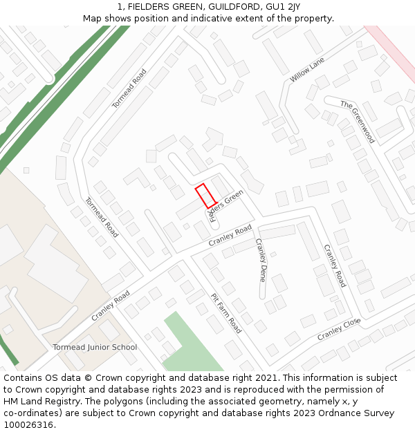 1, FIELDERS GREEN, GUILDFORD, GU1 2JY: Location map and indicative extent of plot