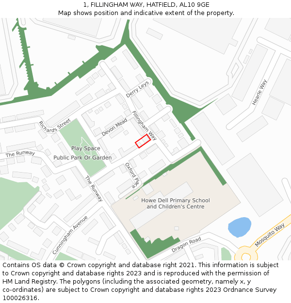 1, FILLINGHAM WAY, HATFIELD, AL10 9GE: Location map and indicative extent of plot