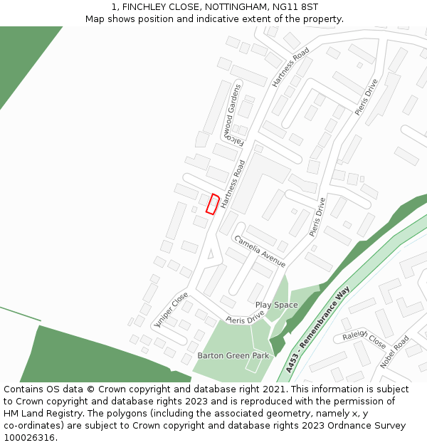 1, FINCHLEY CLOSE, NOTTINGHAM, NG11 8ST: Location map and indicative extent of plot