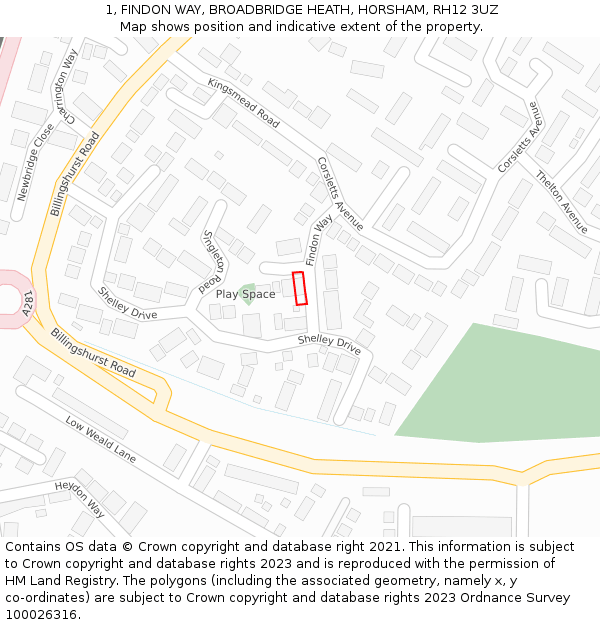 1, FINDON WAY, BROADBRIDGE HEATH, HORSHAM, RH12 3UZ: Location map and indicative extent of plot