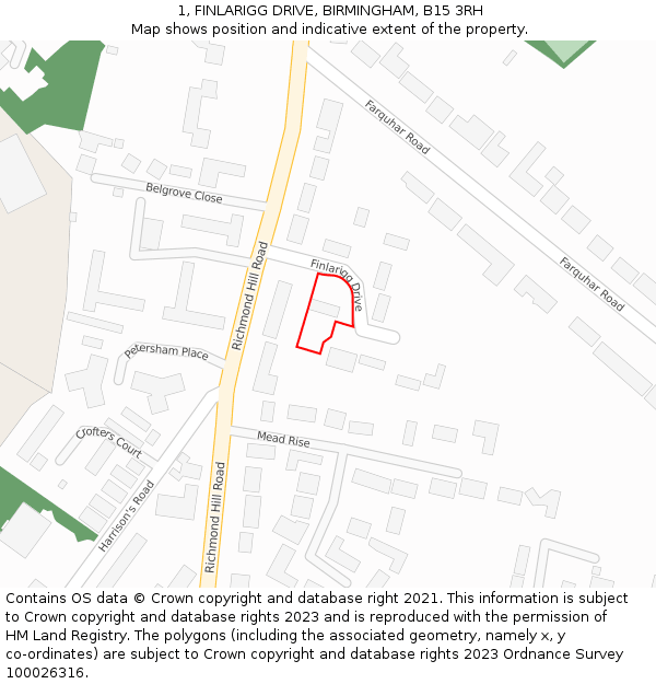 1, FINLARIGG DRIVE, BIRMINGHAM, B15 3RH: Location map and indicative extent of plot