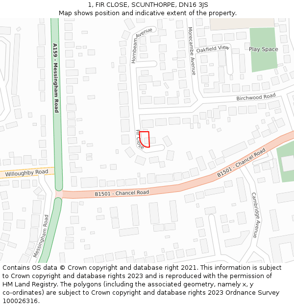 1, FIR CLOSE, SCUNTHORPE, DN16 3JS: Location map and indicative extent of plot
