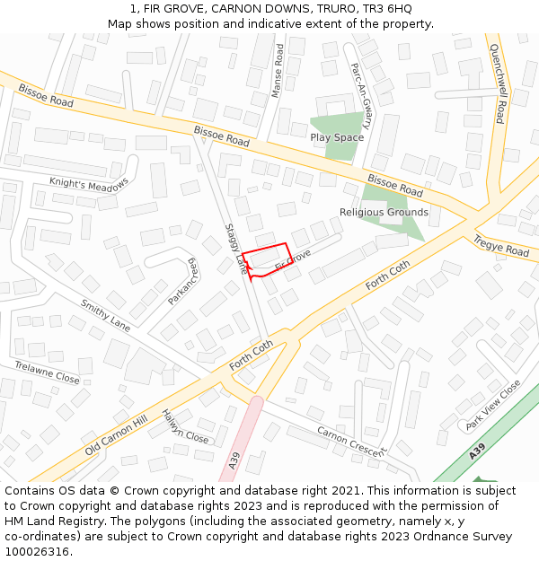 1, FIR GROVE, CARNON DOWNS, TRURO, TR3 6HQ: Location map and indicative extent of plot