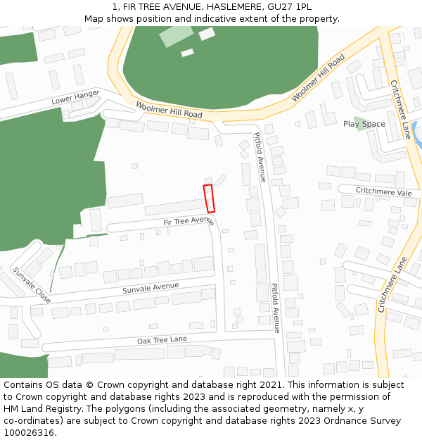 1, FIR TREE AVENUE, HASLEMERE, GU27 1PL: Location map and indicative extent of plot