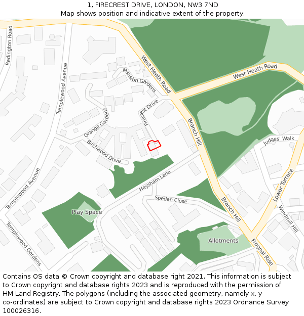1, FIRECREST DRIVE, LONDON, NW3 7ND: Location map and indicative extent of plot