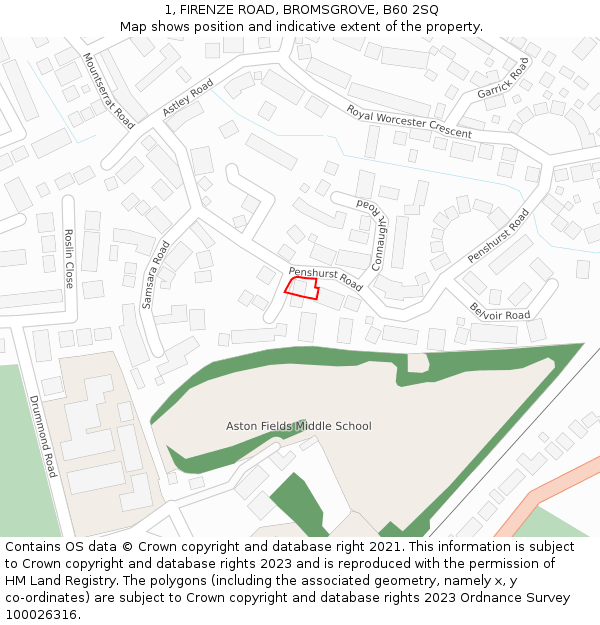 1, FIRENZE ROAD, BROMSGROVE, B60 2SQ: Location map and indicative extent of plot