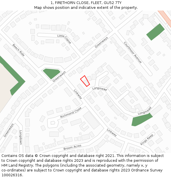 1, FIRETHORN CLOSE, FLEET, GU52 7TY: Location map and indicative extent of plot