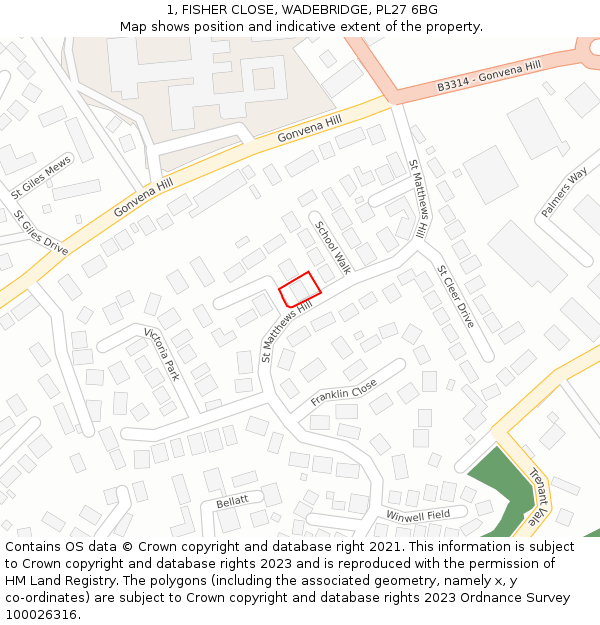 1, FISHER CLOSE, WADEBRIDGE, PL27 6BG: Location map and indicative extent of plot