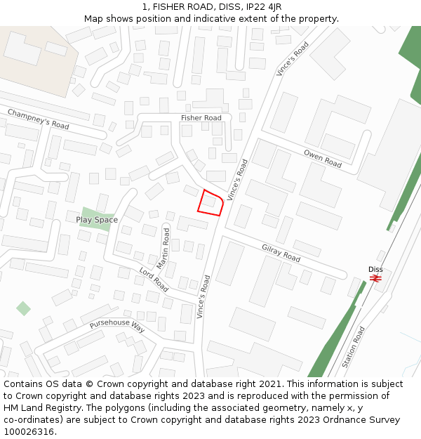 1, FISHER ROAD, DISS, IP22 4JR: Location map and indicative extent of plot