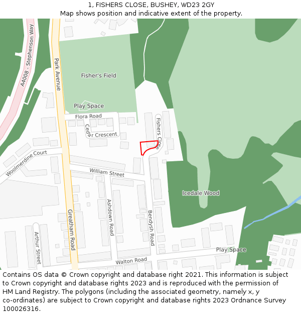 1, FISHERS CLOSE, BUSHEY, WD23 2GY: Location map and indicative extent of plot