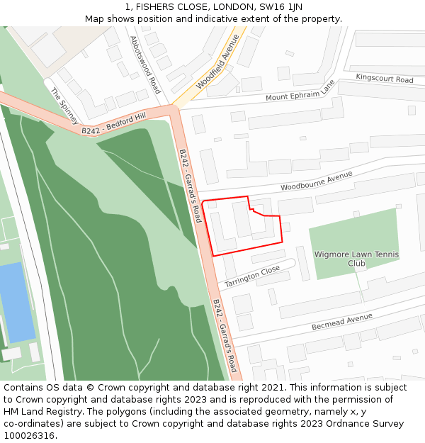 1, FISHERS CLOSE, LONDON, SW16 1JN: Location map and indicative extent of plot