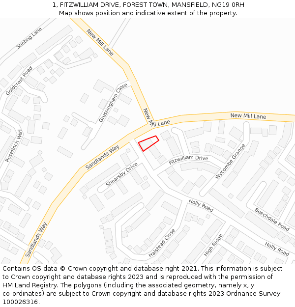 1, FITZWILLIAM DRIVE, FOREST TOWN, MANSFIELD, NG19 0RH: Location map and indicative extent of plot