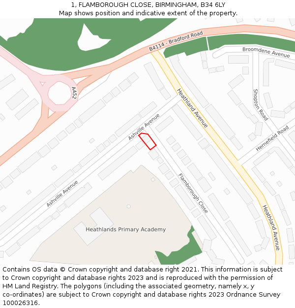 1, FLAMBOROUGH CLOSE, BIRMINGHAM, B34 6LY: Location map and indicative extent of plot