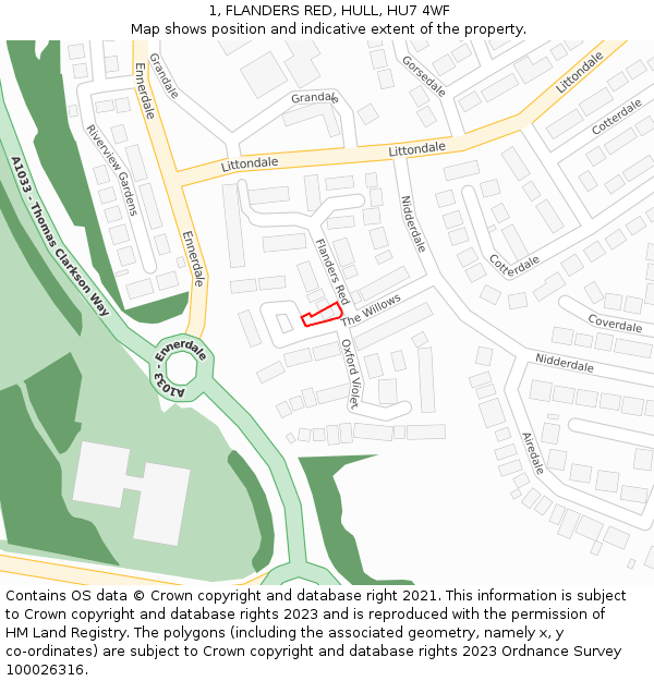 1, FLANDERS RED, HULL, HU7 4WF: Location map and indicative extent of plot