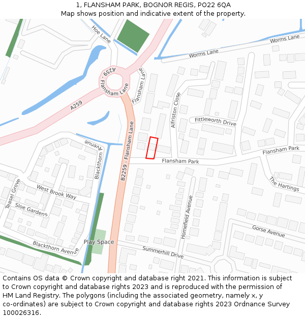 1, FLANSHAM PARK, BOGNOR REGIS, PO22 6QA: Location map and indicative extent of plot
