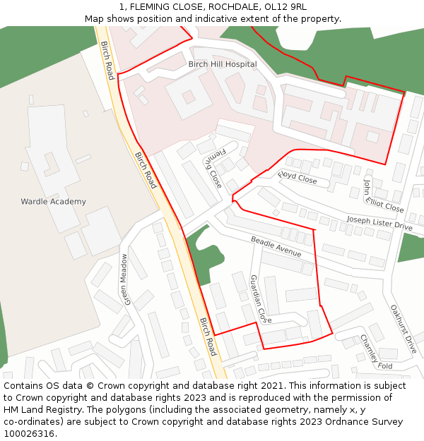 1, FLEMING CLOSE, ROCHDALE, OL12 9RL: Location map and indicative extent of plot