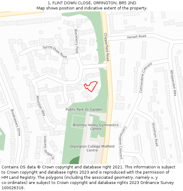 1, FLINT DOWN CLOSE, ORPINGTON, BR5 2ND: Location map and indicative extent of plot
