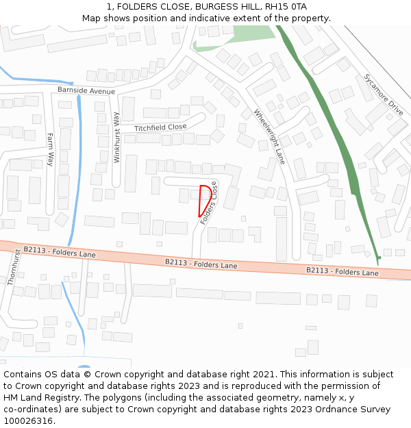 1, FOLDERS CLOSE, BURGESS HILL, RH15 0TA: Location map and indicative extent of plot