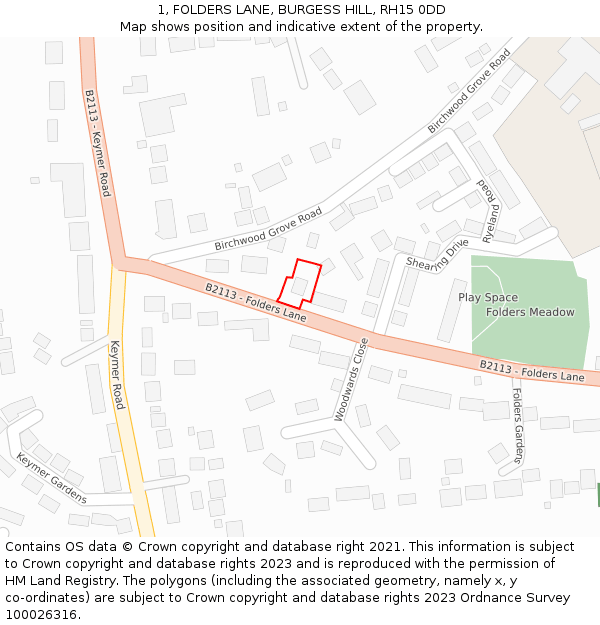 1, FOLDERS LANE, BURGESS HILL, RH15 0DD: Location map and indicative extent of plot