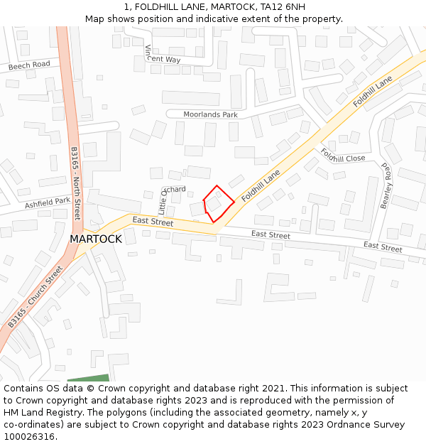 1, FOLDHILL LANE, MARTOCK, TA12 6NH: Location map and indicative extent of plot