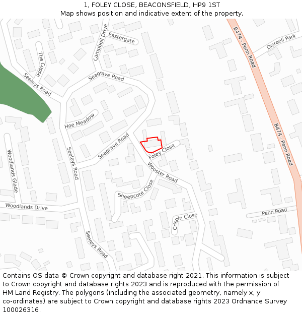 1, FOLEY CLOSE, BEACONSFIELD, HP9 1ST: Location map and indicative extent of plot